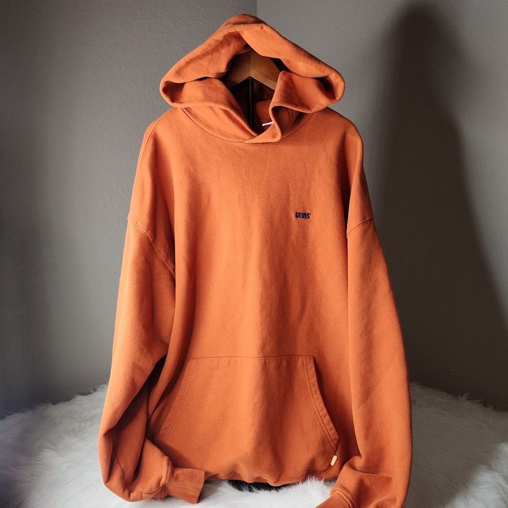 Levi's Hoodie Men Large Burnt Orange Embroidered Logo Pullover Fleece Sweatshirt